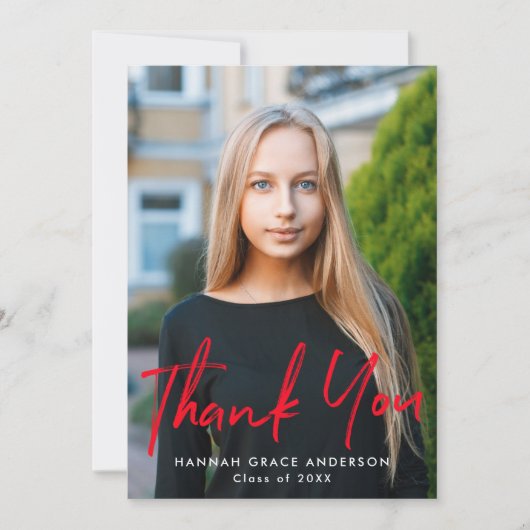Rot | Moderner Brush Script Foto Abschluss Dankeskarte (Vorderseite)