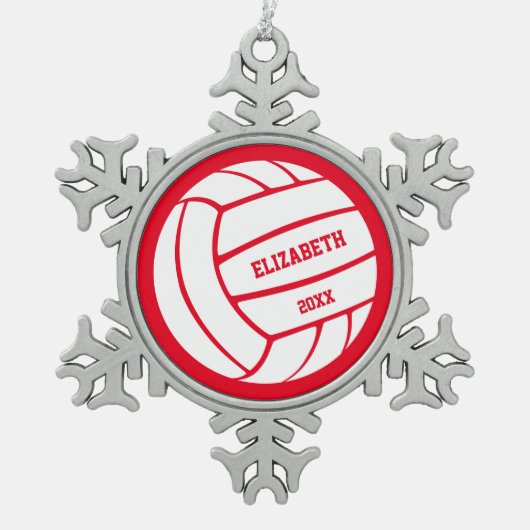 Rot oder JEDES personalisierte Mädchenvolleyball Schneeflocken Zinn-Ornament (Vorderseite)