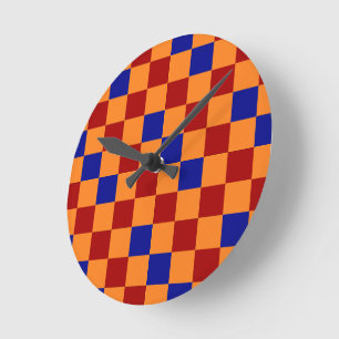 Rot Orange Blau Kariertes Musterdesign  Runde Wanduhr