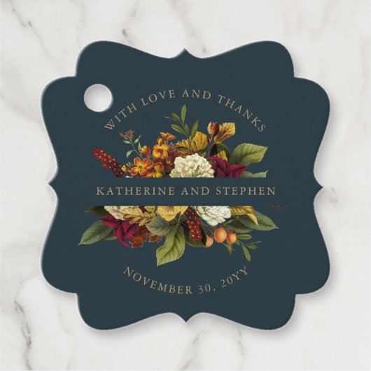 Rot | Orange Floral Bouquet mit Liebe und Dank an Geschenkanhänger (Vorderseite)