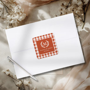 Rot-Orange Gingham Wappen Monogramm Maßanfertigung Quadratischer Aufkleber