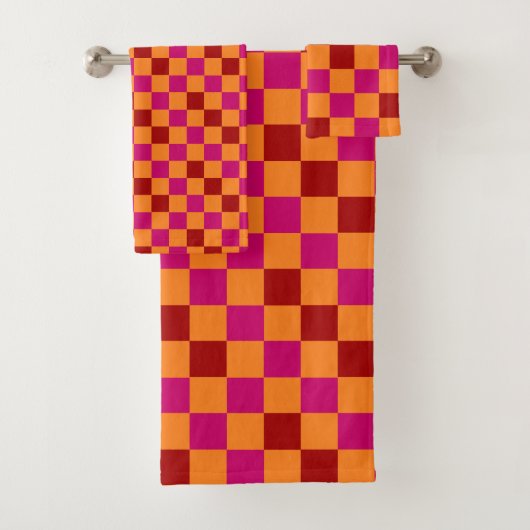 Rot Orange Rosa Kariertes Muster Design  Badhandtuch Set (Insitu)
