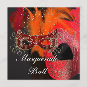 Rot Orange Schwarze Masken Maskenball-Party Einladung