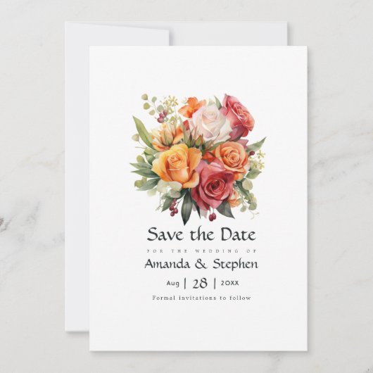 Rot, Orange und Sage Floral Save The Date (Vorderseite)