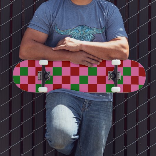 Rot Pink Grün Kariertes Musterdesign Skateboard (Außenbereich 3)