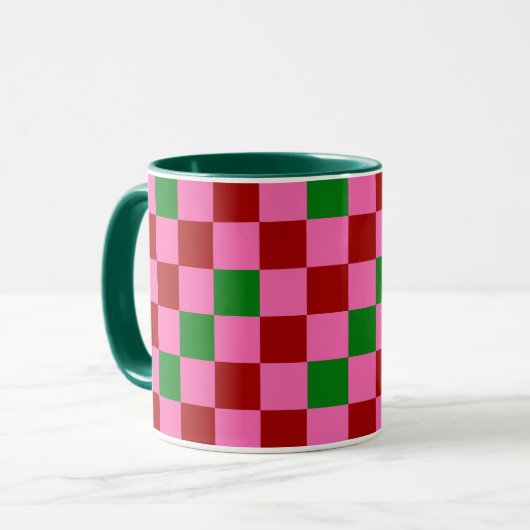 Rot Pink Grün Kariertes Musterdesign Tasse (Vorderseite Links)