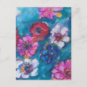 ROT PINK WEISSE, FARBHAFTE BLUME IN BLAU POSTKARTE