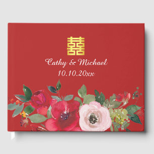Rot-pinke Aquarell-Blumen modernes doppeltes Glück Gästebuch