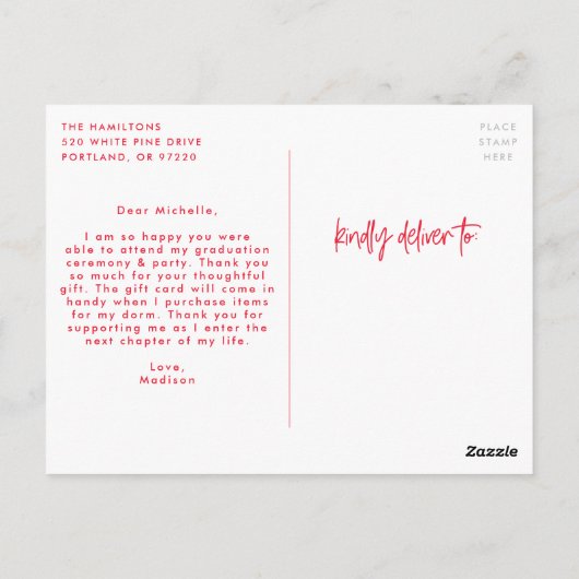 Rot | Preppy Script Foto Abschluss Vielen Dank Postkarte (Rückseite)