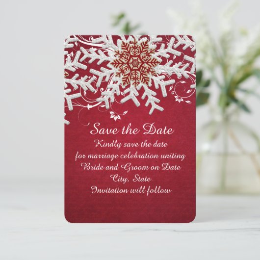 Rot-Romantische Weihnachtsschneeflocken Save the D Save The Date (Stehend Vorderseite)