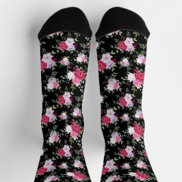 Rot-rosa Blume auf schwarzem Design Socken