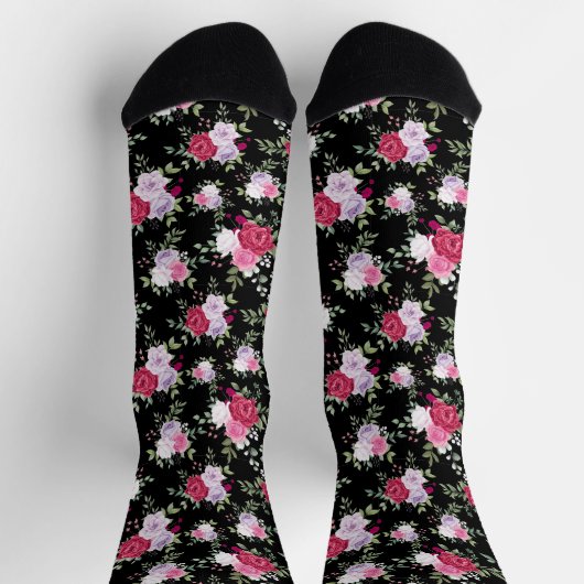 Rot-rosa Blume auf schwarzem Design Socken (Oben)