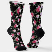 Rot-rosa Blume auf schwarzem Design Socken (Gewinkelt)