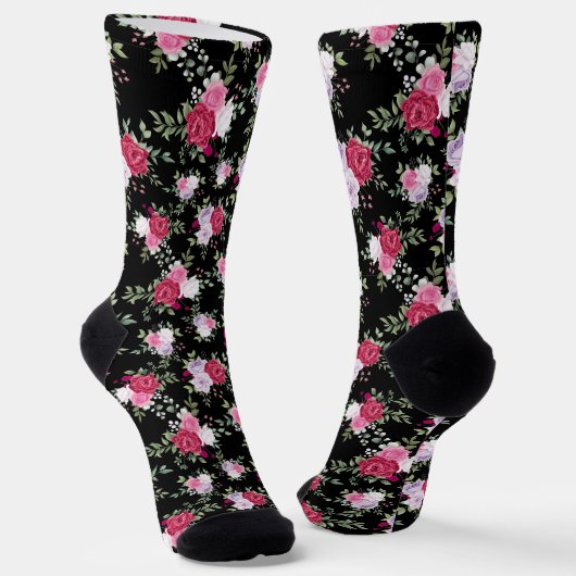 Rot-rosa Blume auf schwarzem Design Socken (Gewinkelt)