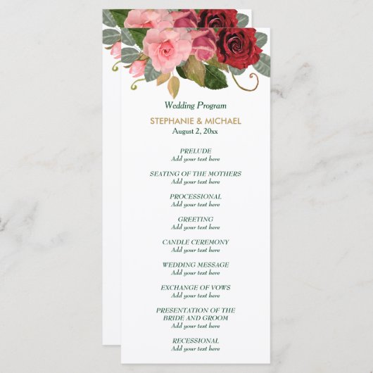 Rot-Rosa-Grenz-Hochzeitsprogramm Programm (Vorne/Hinten)