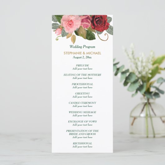 Rot-Rosa-Grenz-Hochzeitsprogramm Programm (Stehend Vorderseite)