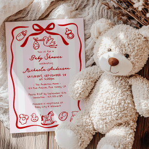 Rot & Rosa Handgezeichnete Doodle-Launige Babypart Einladung