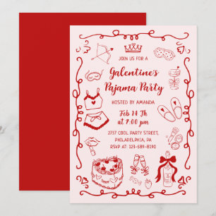 Rot Rosa Handgezeichnete Galentine's Day Pyjama-Pa Einladung