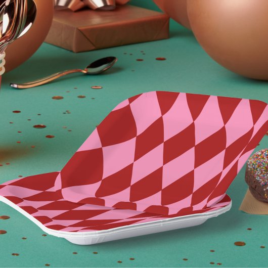 Rot Rosa Harlekin Karomuster Design  Pappteller