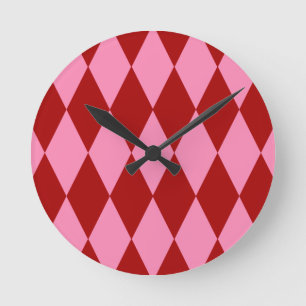 Rot Rosa Harlekin Karomuster Design Runde Wanduhr