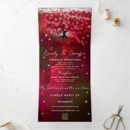 Rot-Rosa-Heart-Leaf-Tree auf Schwarzer Hochzeit Dreifach Gefaltete Einladung