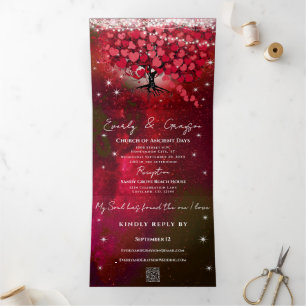 Rot-Rosa-Heart-Leaf-Tree auf Schwarzer Hochzeit Dreifach Gefaltete Einladung