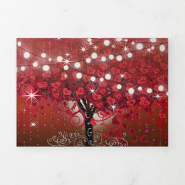 Rot-Rosa-Heart-Leaf-Tree auf Schwarzer Hochzeit Dreifach Gefaltete Einladung