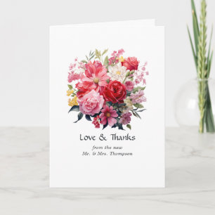 Rot, Rosa und Grüne Blumenhochzeit Dankeskarte