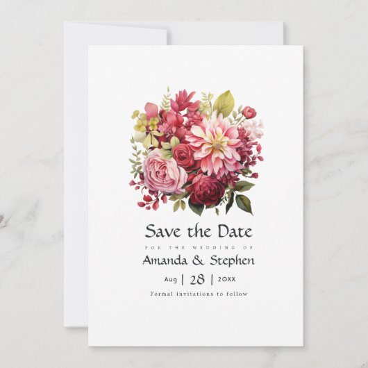 Rot, Rosa und Grüne Blumenhochzeit Save The Date (Vorderseite)