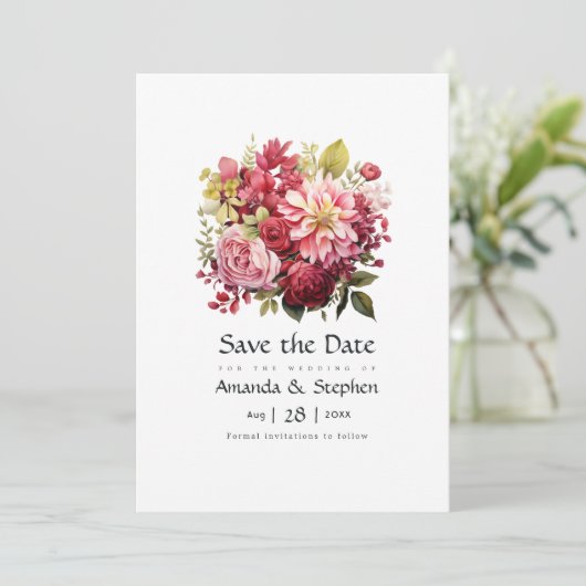 Rot, Rosa und Grüne Blumenhochzeit Save The Date (Stehend Vorderseite)