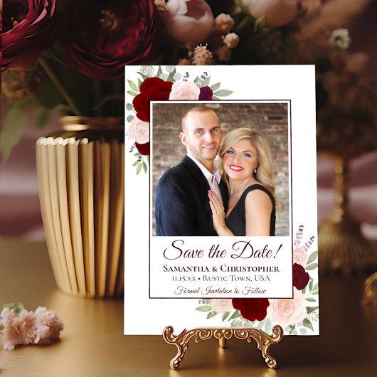 Rot & Rosa Wasserfarbe Boho Rose & Foto Hochzeit Save The Date