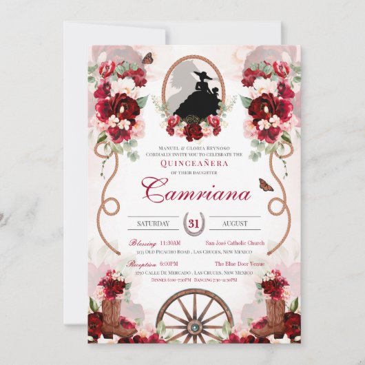 Rot & Rot Rustikale Elegance Charro Quinceanera Einladung (Vorderseite)