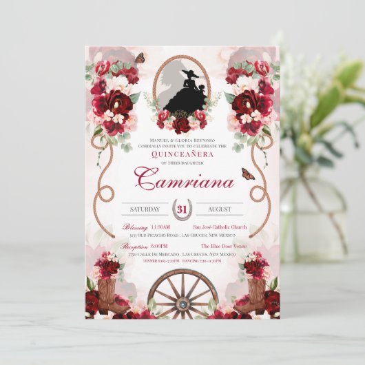 Rot & Rot Rustikale Elegance Charro Quinceanera Einladung (Stehend Vorderseite)