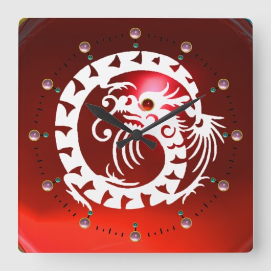 ROT RUBY UND WEISSE SCHLANKE DRAGON ,PINK GEMSTONS QUADRATISCHE WANDUHR (Vorderseite)