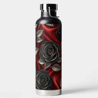 ROT SATIN LOOK MIT SCHWARZEN GOTHIC ROSEN TRINKFLASCHE