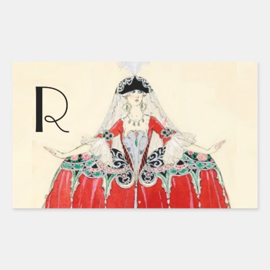 ROT, SCHÖNHEIT, FASHION COSTUME DESIGN MONOGRAM RECHTECKIGER AUFKLEBER (Vorderseite)