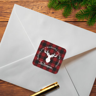 Rot-Schwarz-Buffalo-Karo-Christmas-Rentiergeweih Quadratischer Aufkleber