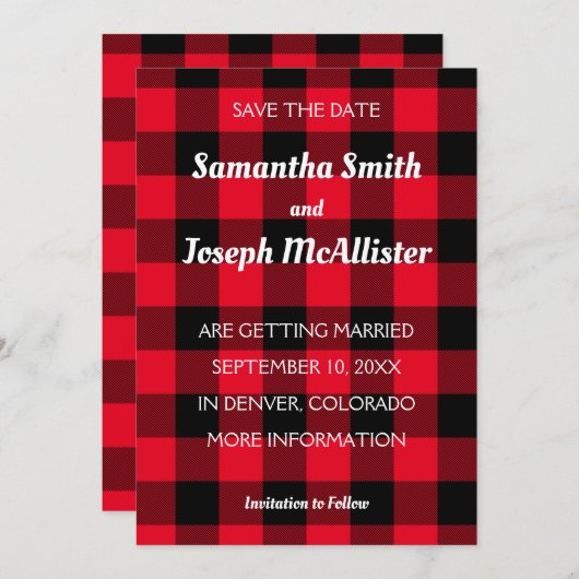 Rot-Schwarz-Buffalo-Karo Save the Date Einladung (Vorne/Hinten)