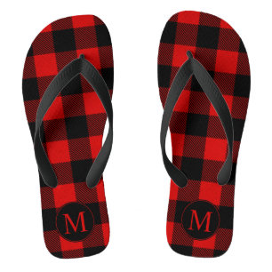 Rot-Schwarz-Büffel-Karo mit Monogramm Badesandalen