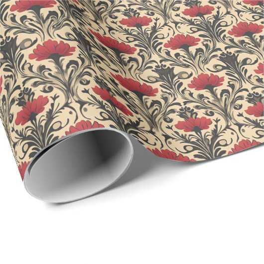 Rot & Schwarz Floral Art Nouveau auf Beige Geschenkpapier (Rolleneckpunkt)