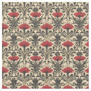 Rot & Schwarz Floral Art Nouveau auf Beige Stoff