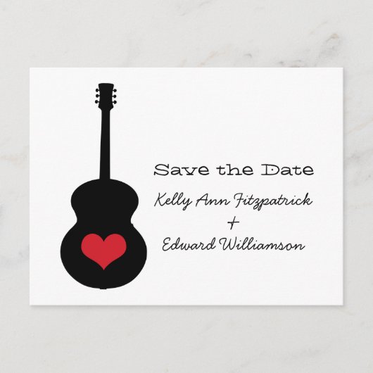 Rot/Schwarz Gitarrenherz Save the Date Postkarte (Vorderseite)