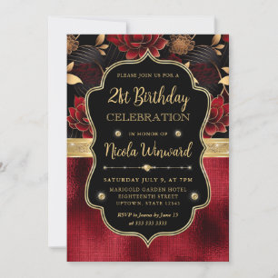 Rot Schwarz & Gold Florales Marmor 21. Geburtstag Einladung