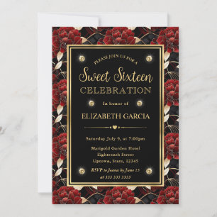 Rot-Schwarz-Gold-Marmor-Blumen-Sweet Sixteen Einladung