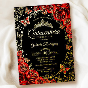 Rot Schwarz Gold Schmetterlinge Rosen Quinceanera Folieneinladung
