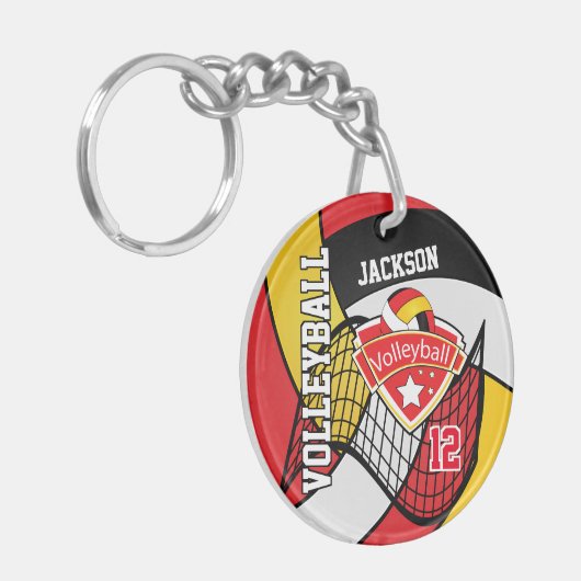 Rot, Schwarz, Gold und Weiß-Volleyball-Design Schlüsselanhänger (Vorderseite links)