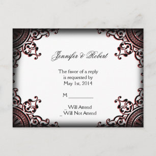 Rot-schwarz-gotische Scroll-Hochzeit RSVP Postkart Einladungspostkarte