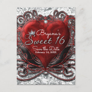 Rot & Schwarz Herz Folien Look Sweet 16 Save The D Ankündigungspostkarte