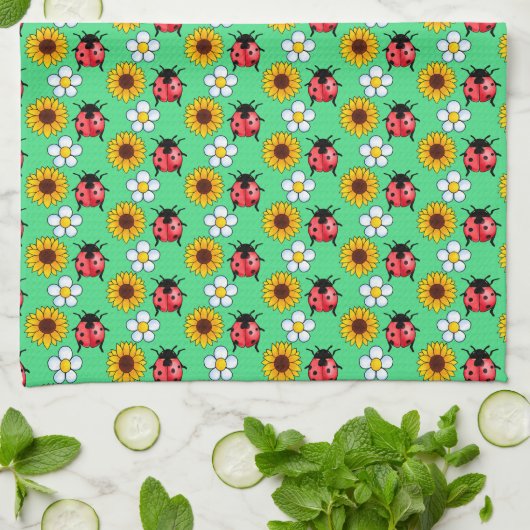 Rot-Schwarz-Ladybug mit Blume Geschirrtuch (Gefaltet)