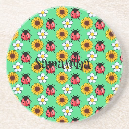 Rot-Schwarz-Ladybug mit Blume Getränkeuntersetzer (Vorne)